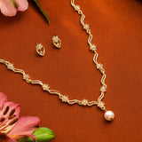 Women's Gold Plated CZ Star Wave Designer Necklace Set with Pearl