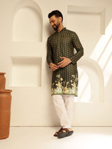 Men's Green Cotton Daman Print Long Kurta with Krochet Embroidery