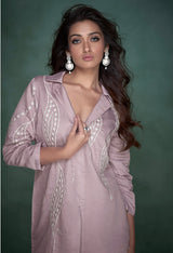 Women's Purple Work Regular Fit Embroidered Three Quarter Sleeves Co-Ord Sets