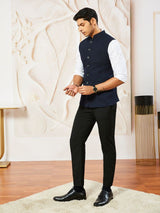Men's Navy Suiting Fabric Embossed Work Full Sleeves Nehru Jacket