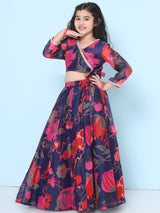 Girls Purple and Red Ethnic Printed Three Quarter Sleeves Choli and Lehenga