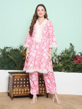 Women's Pink Ethnic Three Quarter Sleeves Kurta Set