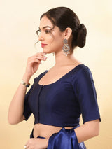 Women's Navy Taffeta Silk Padded Front Open Elbow Sleeves Saree Blouse