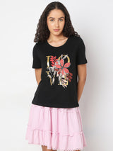 Women's Black Round Neck Printed T-Shirt