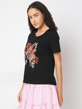 Women's Black Round Neck Printed T-Shirt