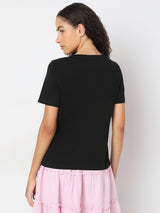 Women's Black Round Neck Printed T-Shirt