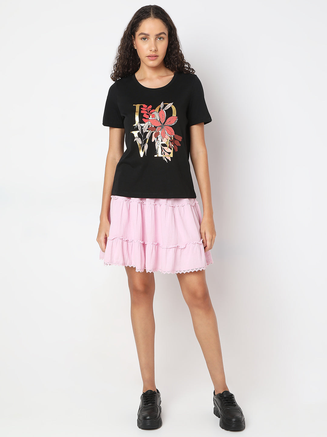 Women's Black Round Neck Printed T-Shirt