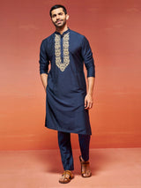 Men's Blue Elegant Viscose Embroidered Yoke Design Kurta