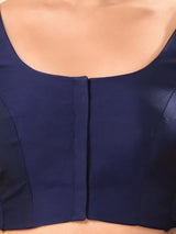 Women's Navy Taffeta Silk Padded Front Open Elbow Sleeves Saree Blouse