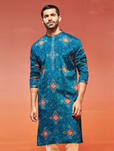 Men's Blue Chinon Embroidered Printed Kurta