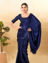 Women's Navy Taffeta Silk Padded Front Open Elbow Sleeves Saree Blouse