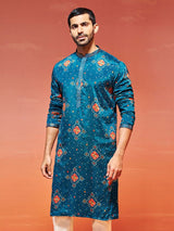 Men's Blue Chinon Embroidered Printed Kurta