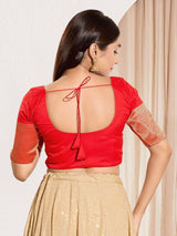 Women's Red Tafeta Silk Padded Front Open Elbow Sleeves Saree Blouse