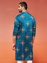Men's Blue Chinon Embroidered Printed Kurta
