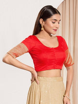 Women's Red Tafeta Silk Padded Front Open Elbow Sleeves Saree Blouse
