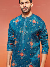 Men's Blue Chinon Embroidered Printed Kurta