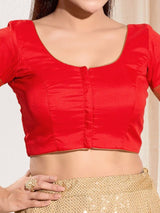 Women's Red Tafeta Silk Padded Front Open Elbow Sleeves Saree Blouse