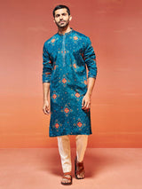 Men's Blue Chinon Embroidered Printed Kurta