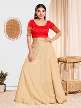 Women's Red Tafeta Silk Padded Front Open Elbow Sleeves Saree Blouse