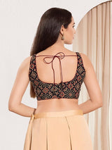 Women's Black Cotton Padded Back Open Sleeveless Saree Blouse