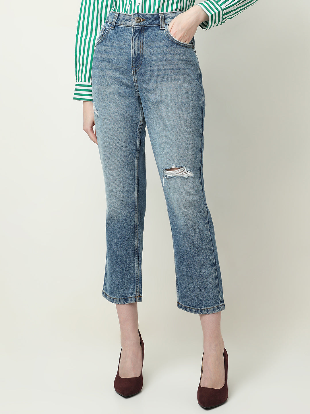 Women's Blue High Rise Distressed Jeans
