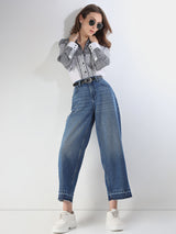 Women's Blue High Rise Cropped Wide Leg Jeans