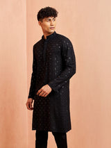 Men's Black Rayon Sequin & Thread Embroidered Festive Kurta