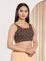 Women's Black Cotton Padded Back Open Sleeveless Saree Blouse