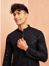 Men's Black Rayon Sequin & Thread Embroidered Festive Kurta