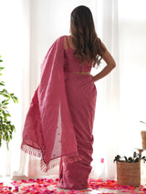 Women's Manipuri Silk Pink Embellished Designer Saree with Blouse Piece