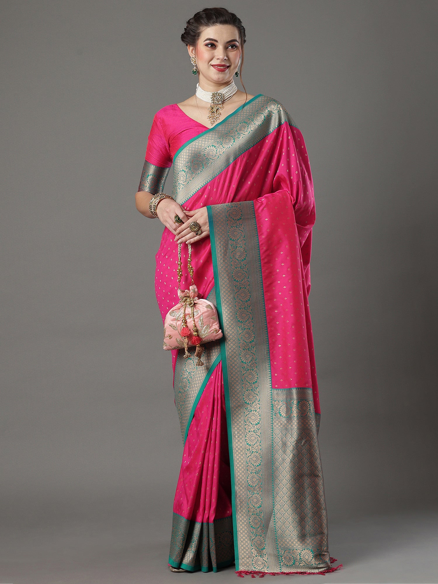 Women's Silk Blend Pink Woven Design Designer Saree with Blouse Piece