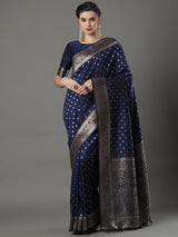 Women's Silk Blend Navy Woven Design Designer Saree with Blouse Piece