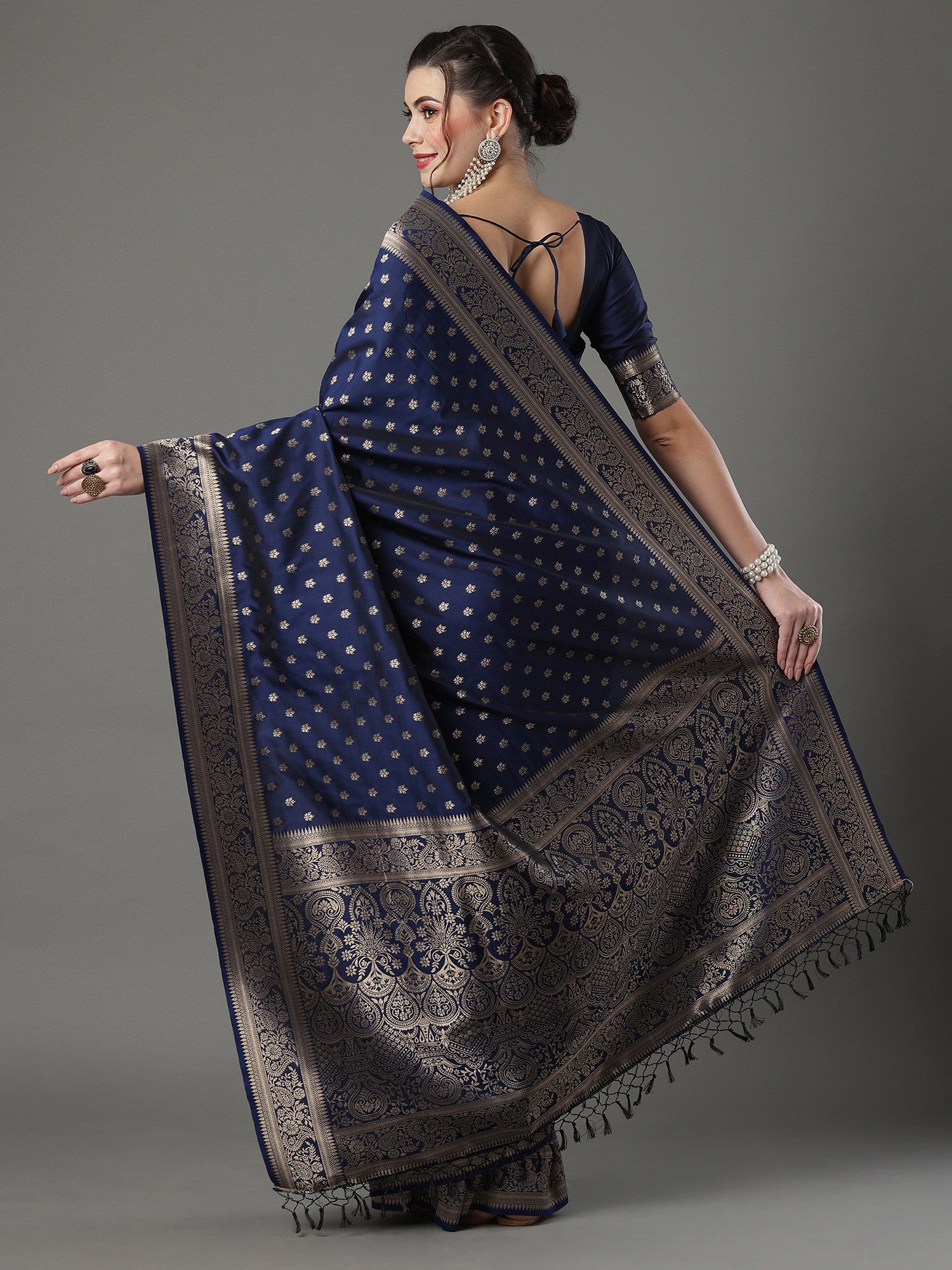 Women's Silk Blend Navy Woven Design Designer Saree with Blouse Piece