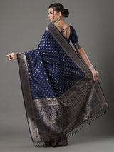 Women's Silk Blend Navy Woven Design Designer Saree with Blouse Piece