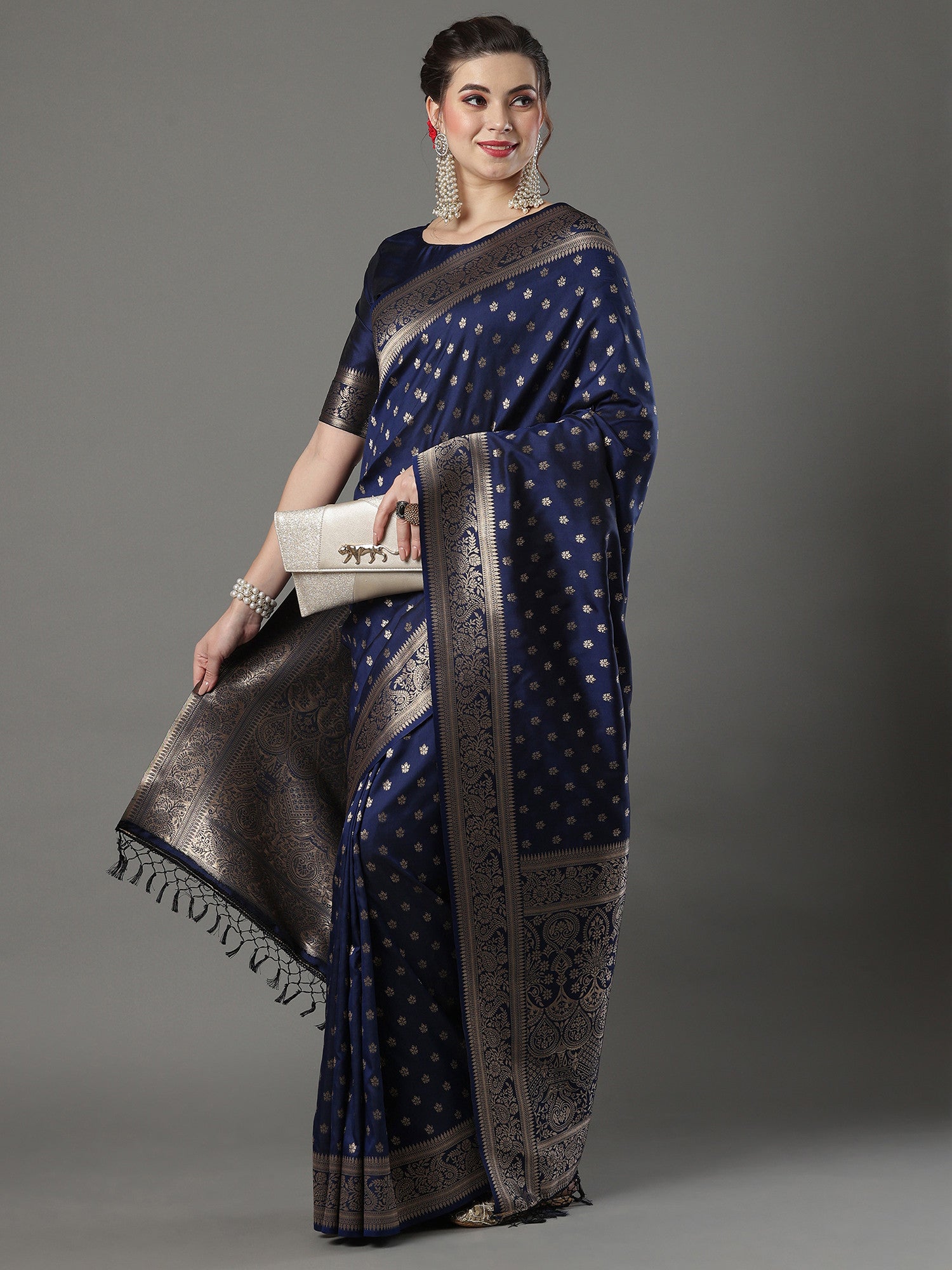 Women's Silk Blend Navy Woven Design Designer Saree with Blouse Piece
