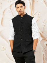 Men's Black Suiting Fabric Embossed Work Full Sleeves Nehru Jacket