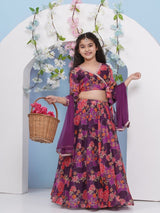 Girls Purple and Pink Ethnic Printed Three Quarter Sleeves Choli and Lehenga