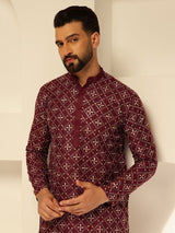Men's Maroon Cotton Silk Thread Embroidered Long Kurta with Golden Accents
