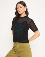 Women's Black Casual Half Sleeves Disney Print Top