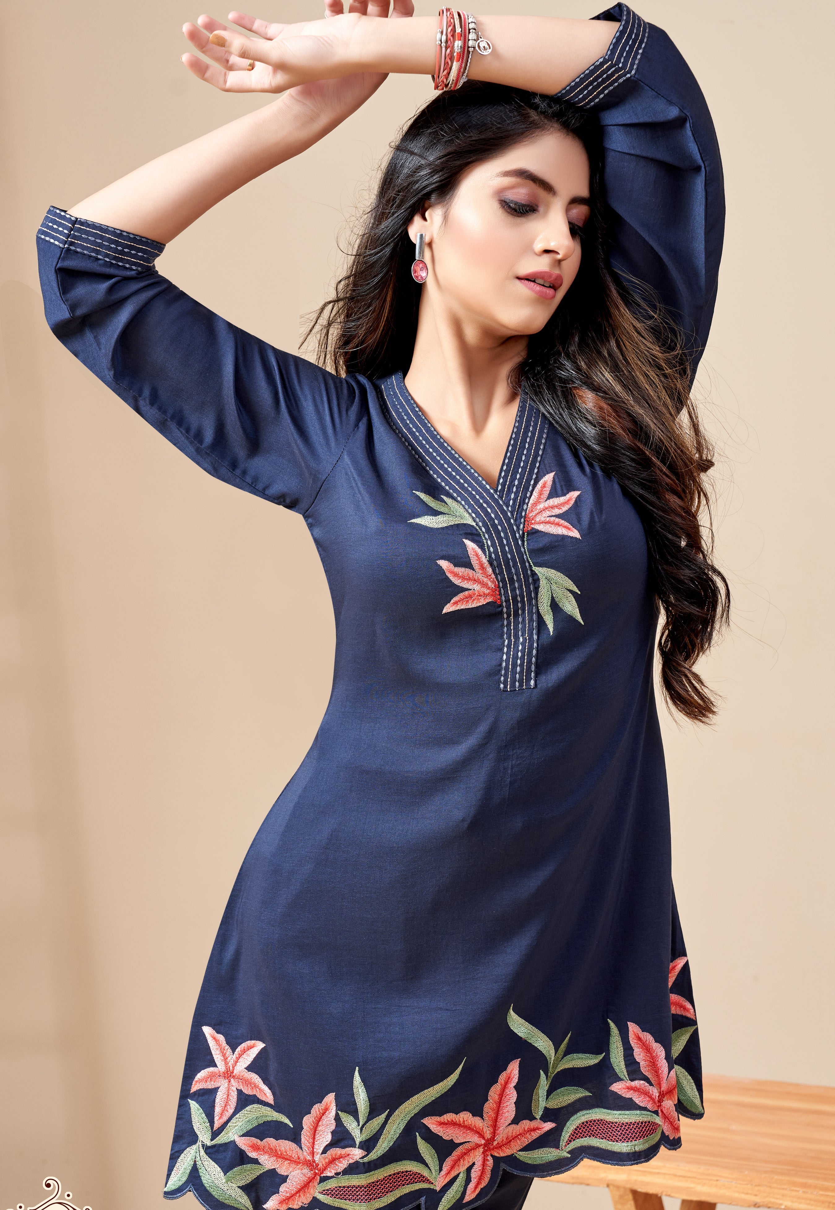 Women's Navy Work Regular Fit Embroidered Three Quarter Sleeves Co-Ord Sets