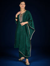Women's Green Embellished V-Neck Kurta with Solid Trouser and Elegant Dupatta