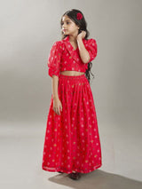 Girls Red Printed Crop Top with Elasticated Waistband Palazzo