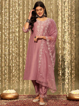 Women's Mauve Embroidered Straight Kurta Trouser With Dupatta set
