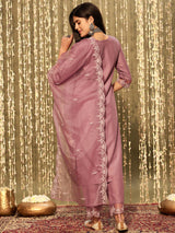 Women's Mauve Embroidered Straight Kurta Trouser With Dupatta set