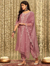 Women's Mauve Embroidered Straight Kurta Trouser With Dupatta set