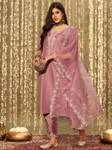 Women's Mauve Embroidered Straight Kurta Trouser With Dupatta set