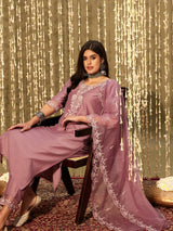 Women's Mauve Embroidered Straight Kurta Trouser With Dupatta set