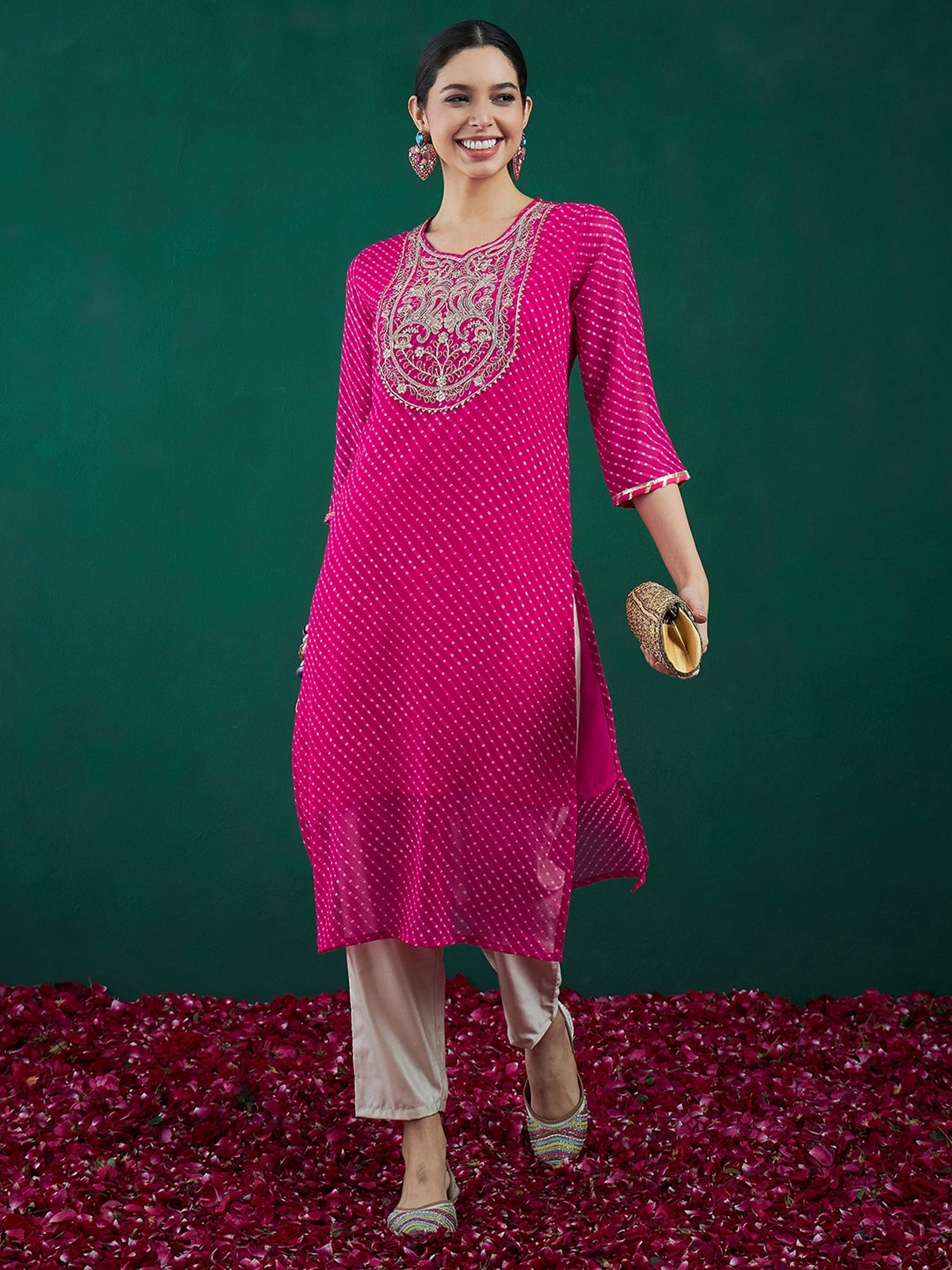 Women's Pink Printed Straight Kurta