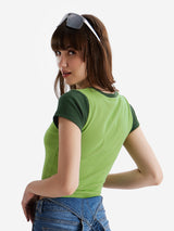 Women's Green Casual Slim Fit Printed Half Sleeves Top