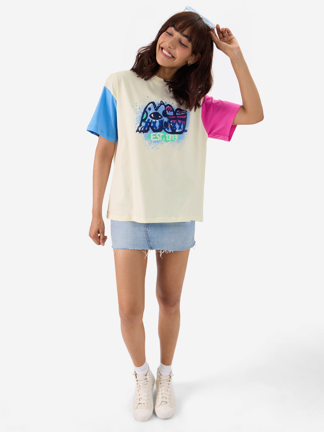 Women's White Casual Oversized Fit Printed Half Sleeves Tshirt